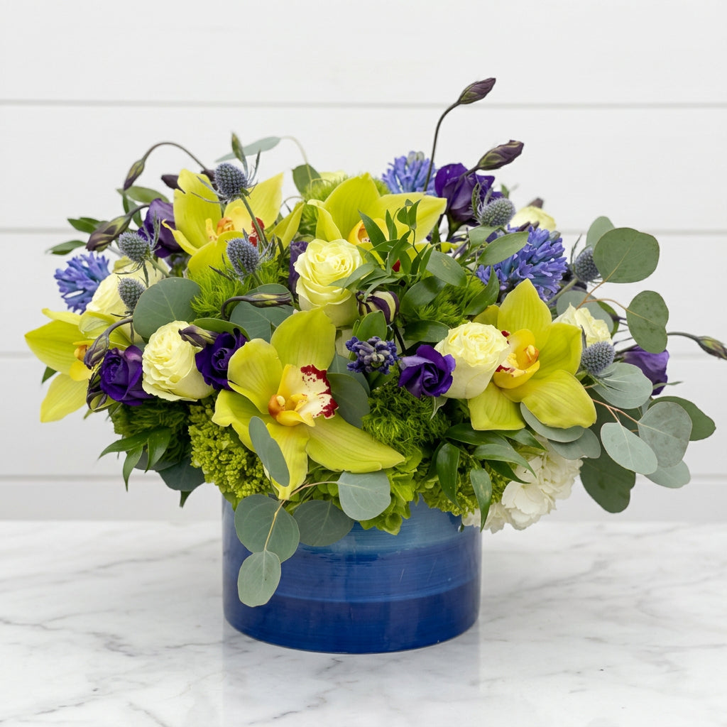 Green cymbidium and royal blue tones