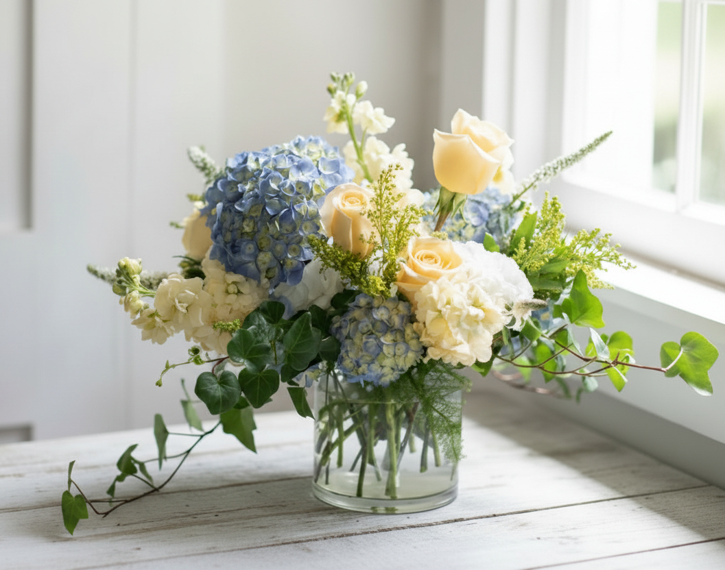 A pastel flower arrangement with blue hydrangeas and yellow roses in a glass vase.