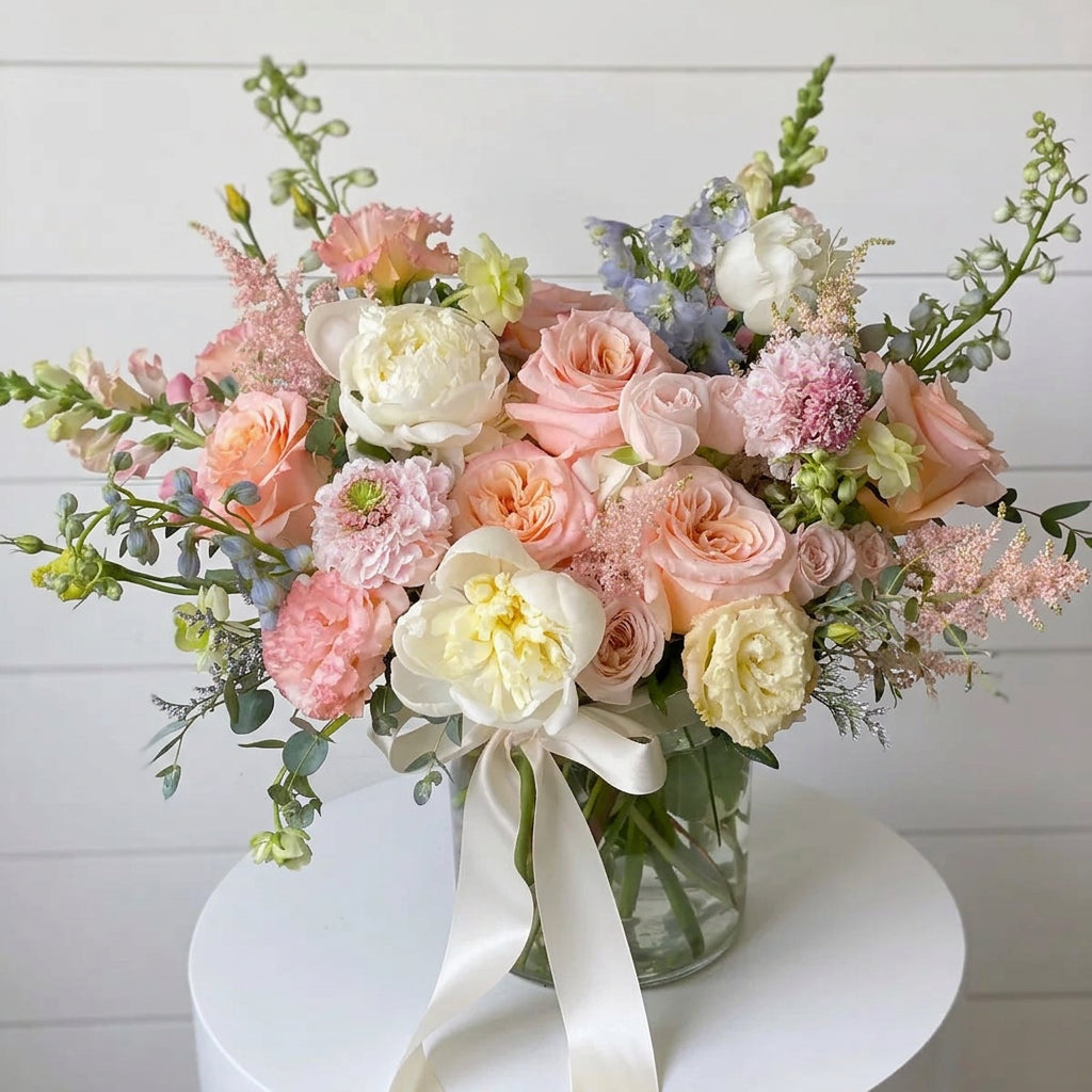 A country charm floral vase filled with pink and white roses, peonies, and other delicate flowers.