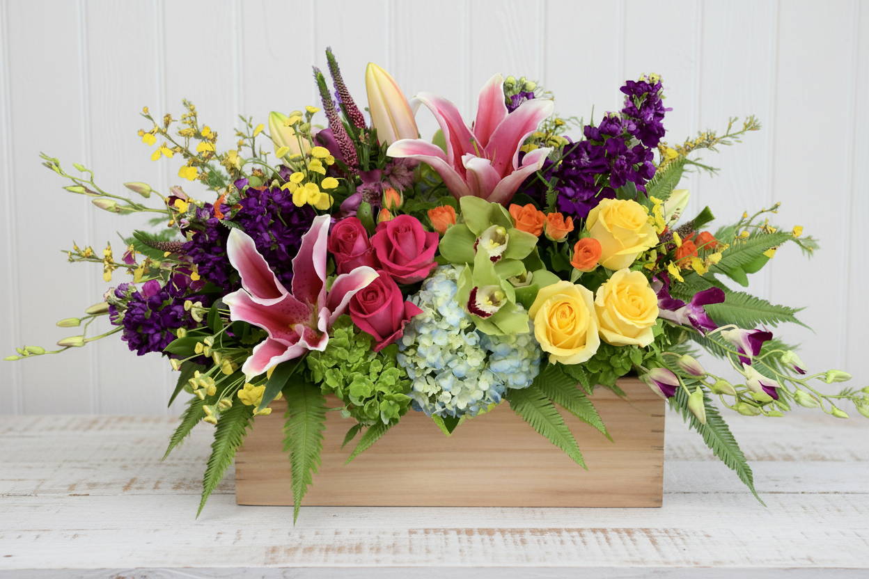 A colorful flower arrangement in a wooden box with lilies, roses, orchids, and hydrangeas.