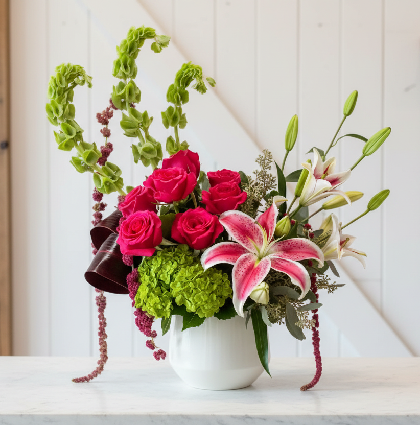 Bouquet of flowers with red roses and pink lilies in a white vase on a light surface.