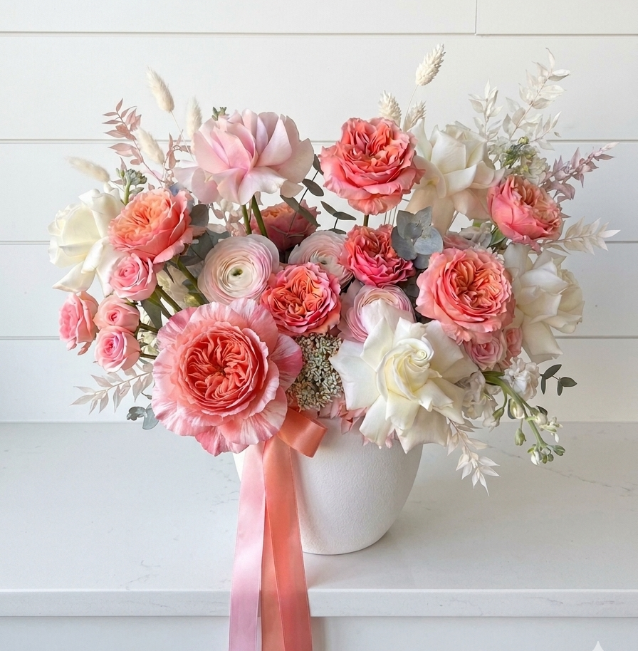 Bouquet of pink and white flowers with a ribbon in a white vase on a light wooden background