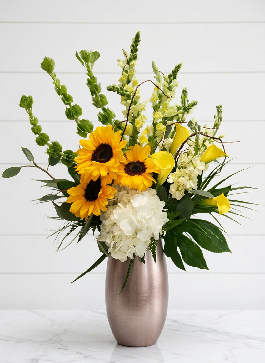 A vibrant arrangement of sunflowers, yellow calla lilies, and white hydrangeas in a vase.