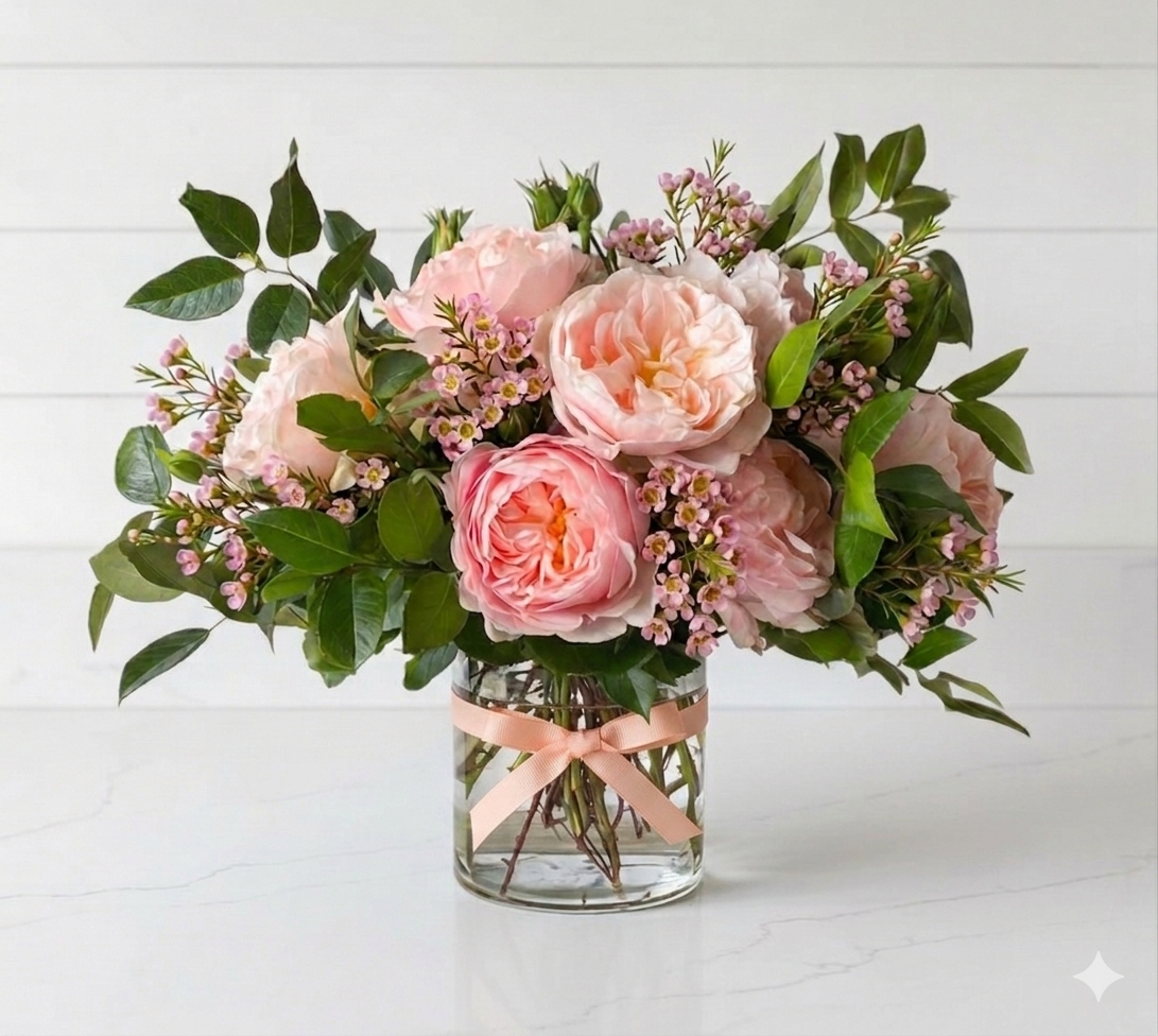 Peach garden roses with waxflower in clear vase