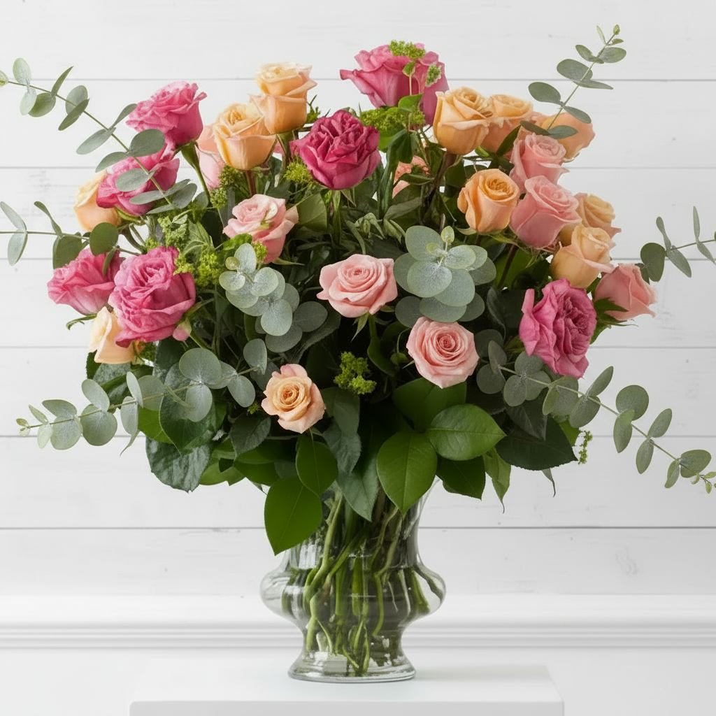 Bouquet of pink and peach roses in a clear glass vase on a white background