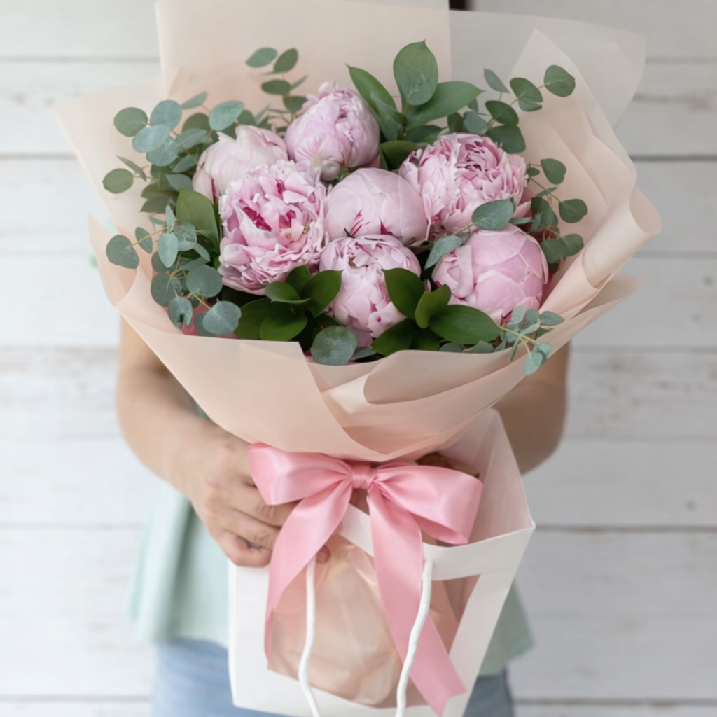 7 Pink Peonies with eucalyptus and wrapped.