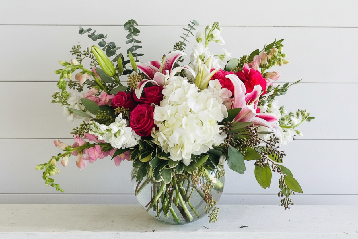 Floral Vase with red roses and white hydrangeas pink stocking ready for Valentine's Day chicago flower same day delivery 2026
