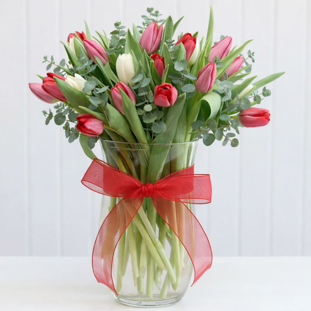 Tulips with eucalyptus in vase