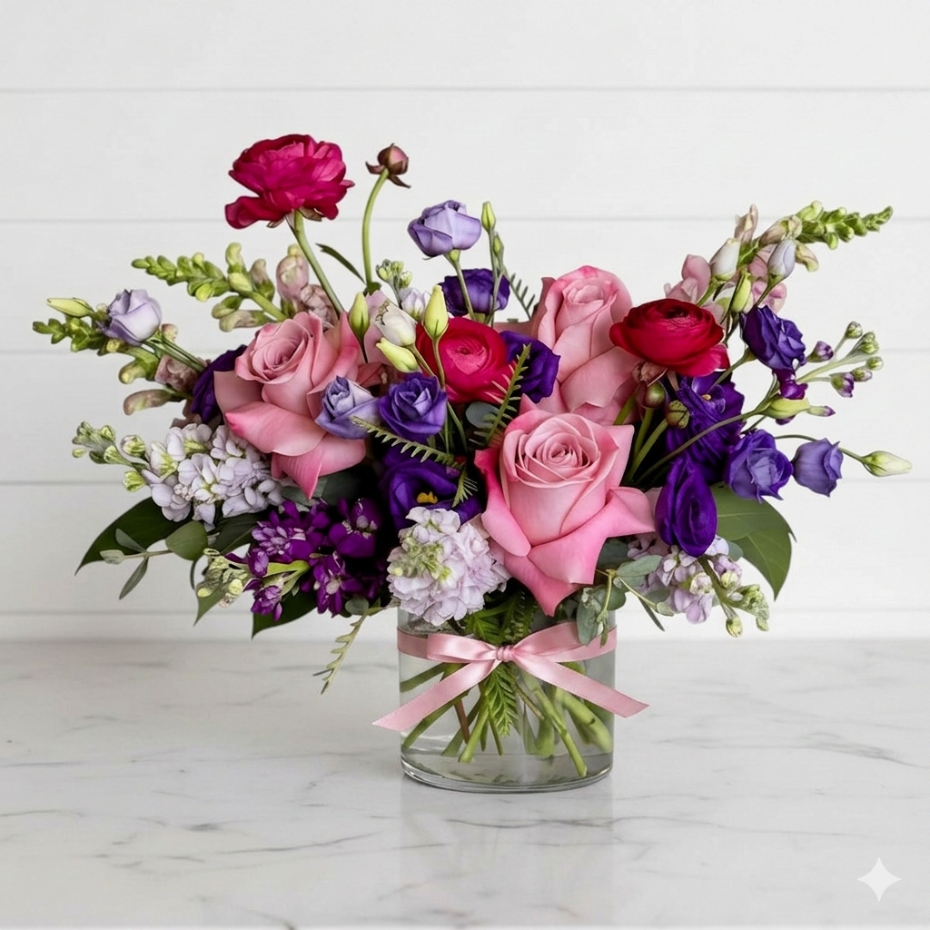 Pink and purple flowers with greenery and pink ribbon