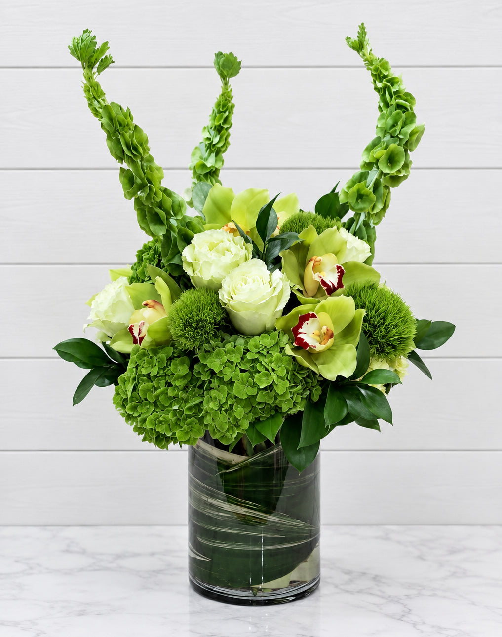 Green orchids and hydrangeas modern floral.
