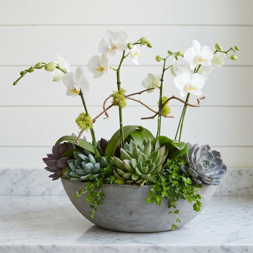 Orchid and succulent garden in a gray planter.