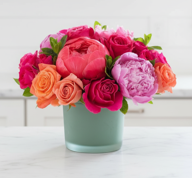 Bouquet of pink peonies, orange, and purple flowers in a light green vase on a white surface.