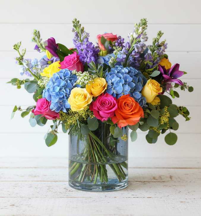 A vibrant bouquet of colorful roses, hydrangeas, and stock flowers in a glass vase.