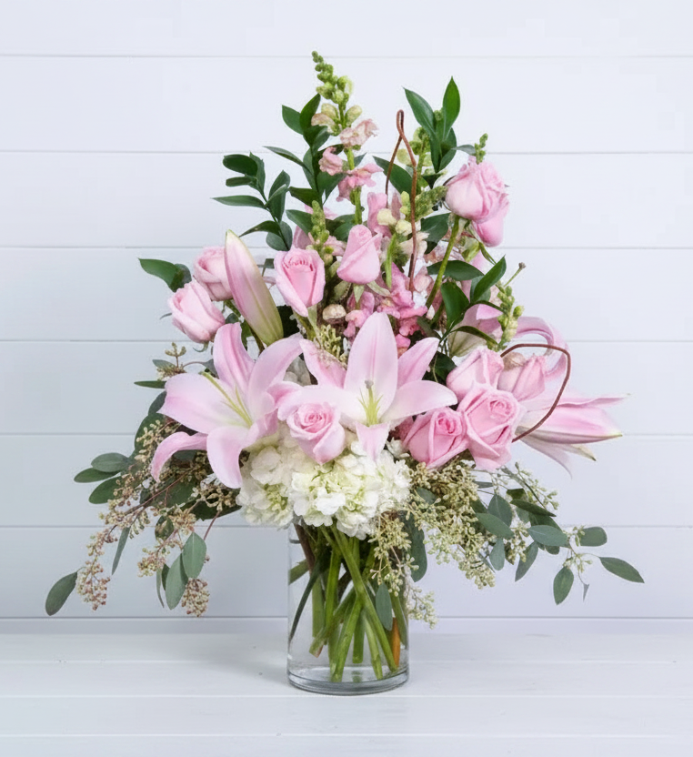 Pink lilies and pink roses vase