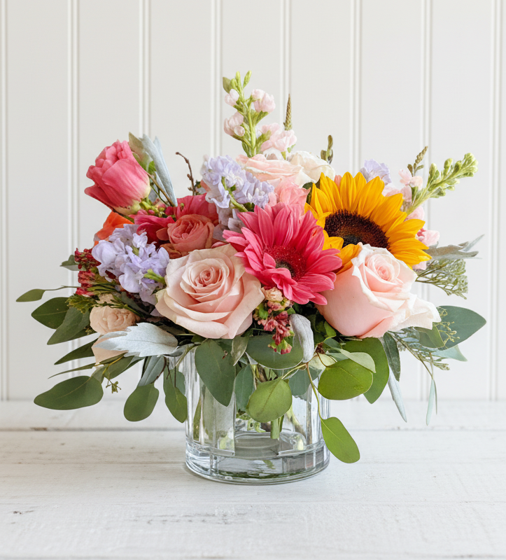 Spring flower mix in vase with eucalyptus greenery.