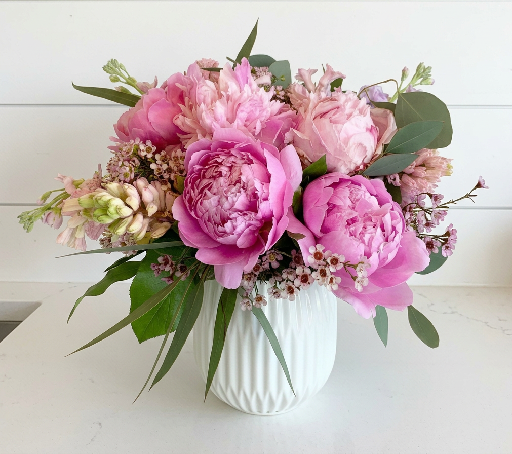 Bouquet of pink peonies and other flowers in a white vase on a light surface with a neutral background