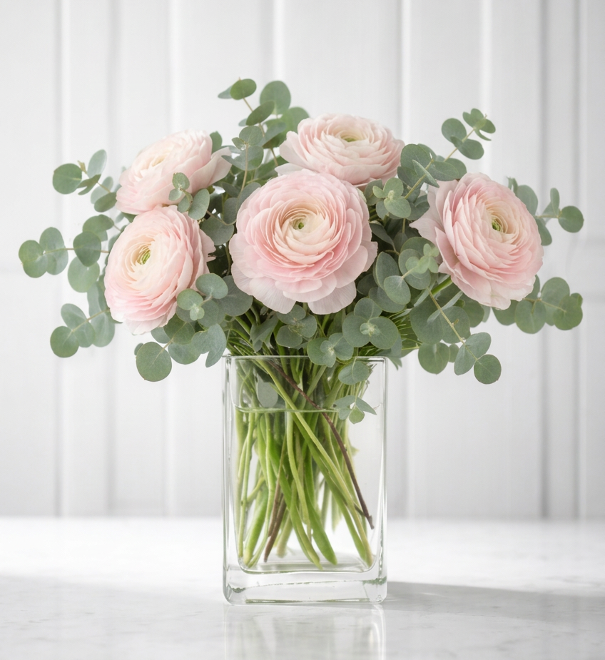 Bouquet of pink Ranunculus flowers in a clear vase on a white surface with a white paneled wall background for Chicago Delivery.