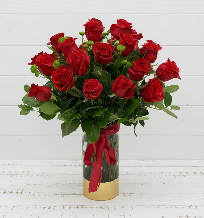 A vase of 12 long-stemmed red roses with a red ribbon.