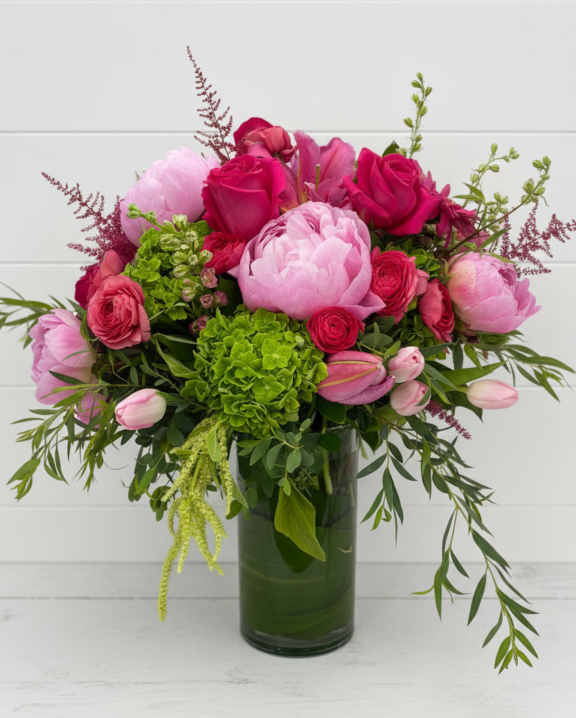 Peony pink green floral vase
