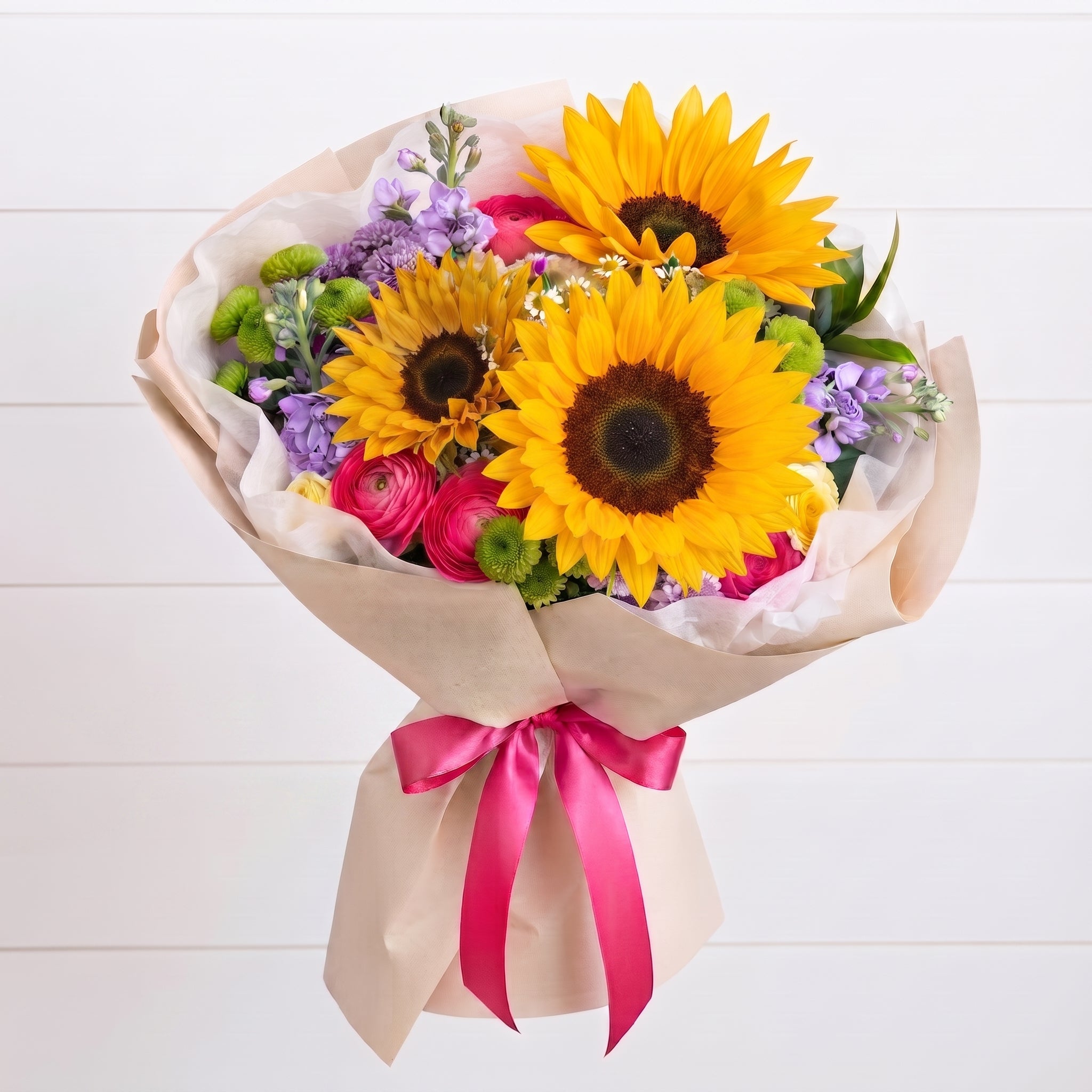 A vibrant flower bouquet featuring two large yellow sunflowers, pink roses, purple flowers, and green accents, wrapped in beige paper with a bright pink ribbon, set against a white wood paneled background.