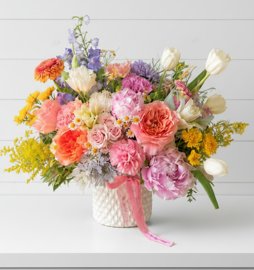 Colorful bouquet of flowers in a textured vase on a white background