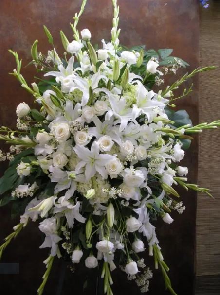 In Memory White Standing Spray Funeral Flowers - www.bloomfloralshop.com