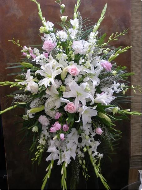 Pink Slumber Funeral Flowers Standing Spray - www.bloomfloralshop.com